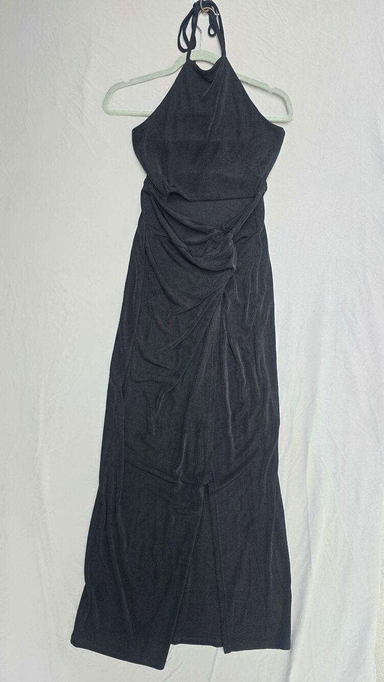 Petal + Pup Dress Womens 8 Black Halter Ruched Bodycon Maxi Slit Knit Party
